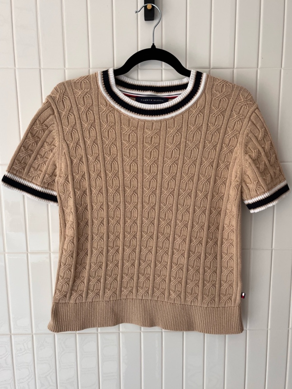 Tommy Hilfiger Cable Knit Short Sleeve Sweater 100% Cotton Tan Camel Striped